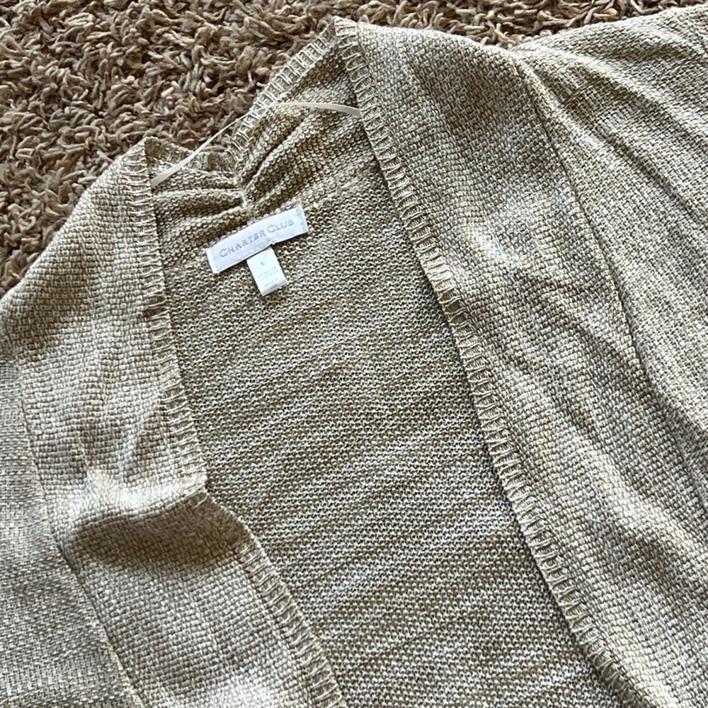 Charter Club Tan Beige Open Front Pointelle Knit Cardigan Sweater Womens Large